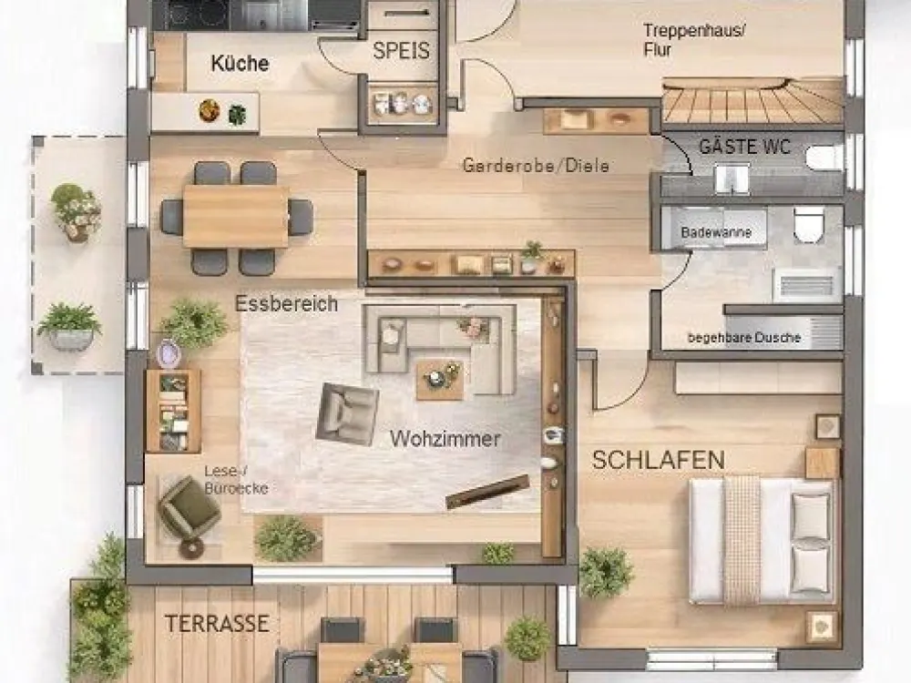 Modern living with open living area, fitted kitchen and two terraces