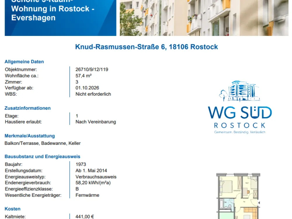 3-Room Apartment in Rostock-Evershagen (possibly from 15.09.)