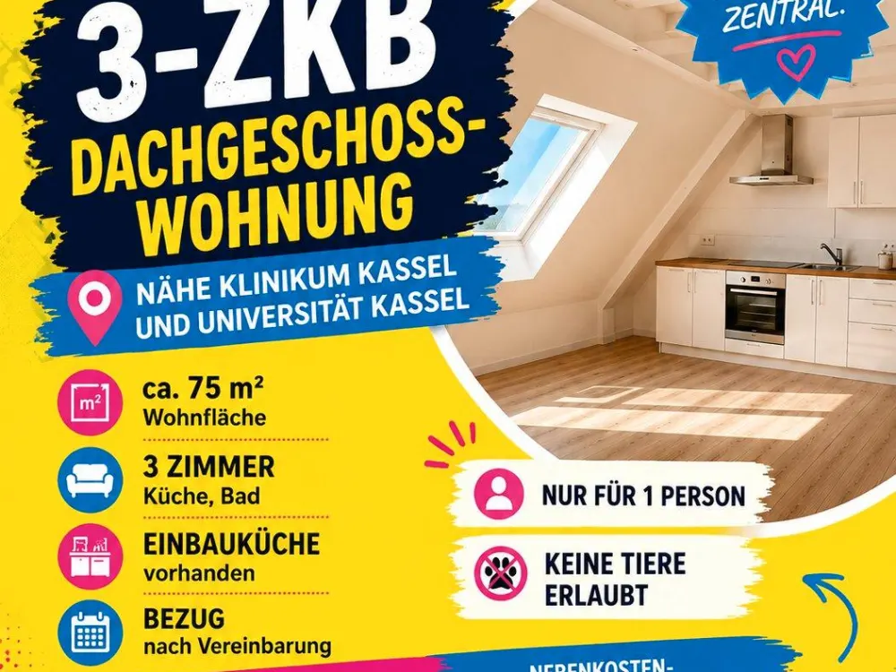 3-Room Attic Apartment in Kassel, Near Hospital & University