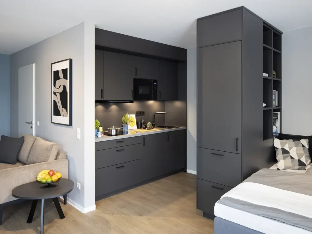 SPECIAL! mio Comfort+ Apartment: Fully Furnished 1-Room Apartment with Designer Kitchen, Wi-Fi