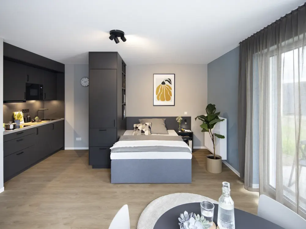 SPECIAL! mio Comfort+ Apartment: Fully Furnished 1-Room Apartment with Designer Kitchen, Wi-Fi
