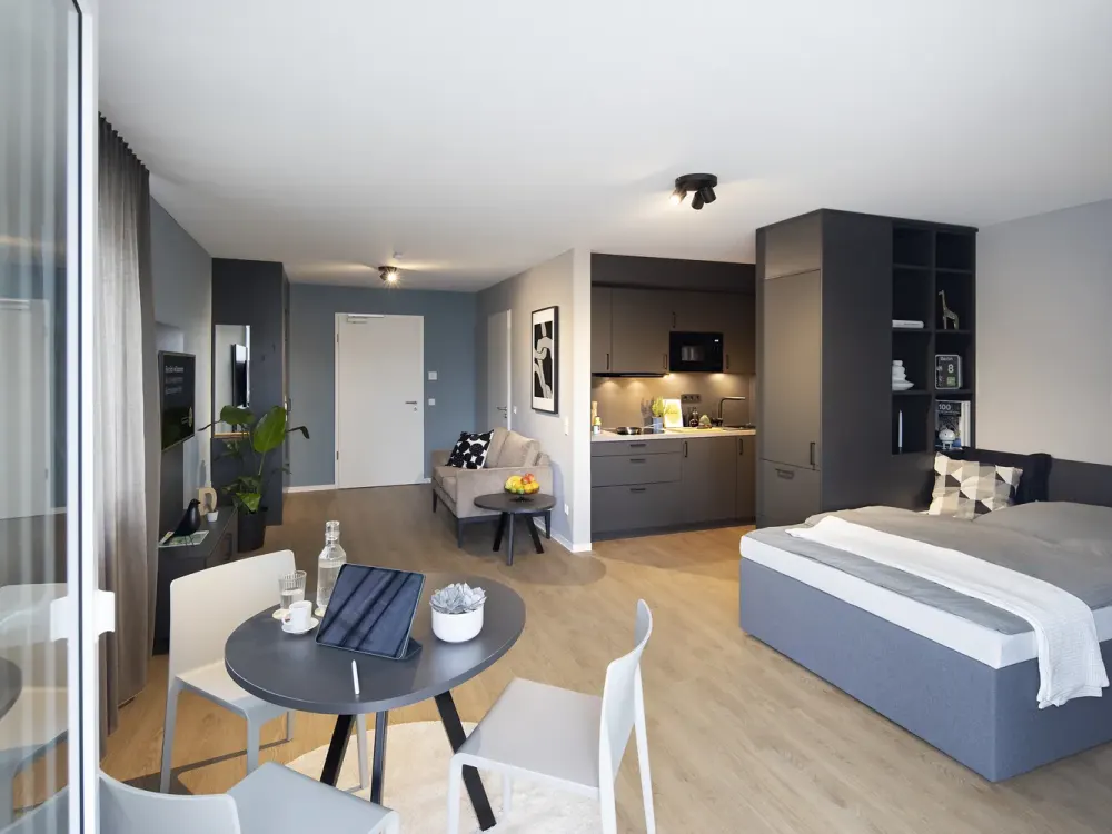 SPECIAL! mio Comfort+ Apartment: Fully Furnished 1-Room Apartment with Designer Kitchen, Wi-Fi