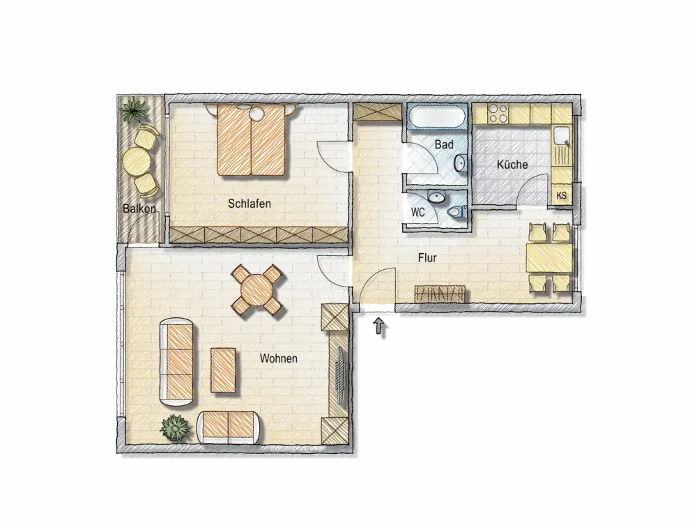 A great living experience: interesting 2-room apartment with balcony